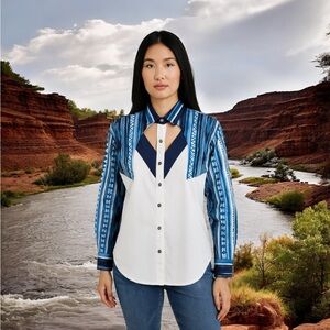 RoughRider Vintage Western Aztec Cutout Long Sleeve Button Down Shirt